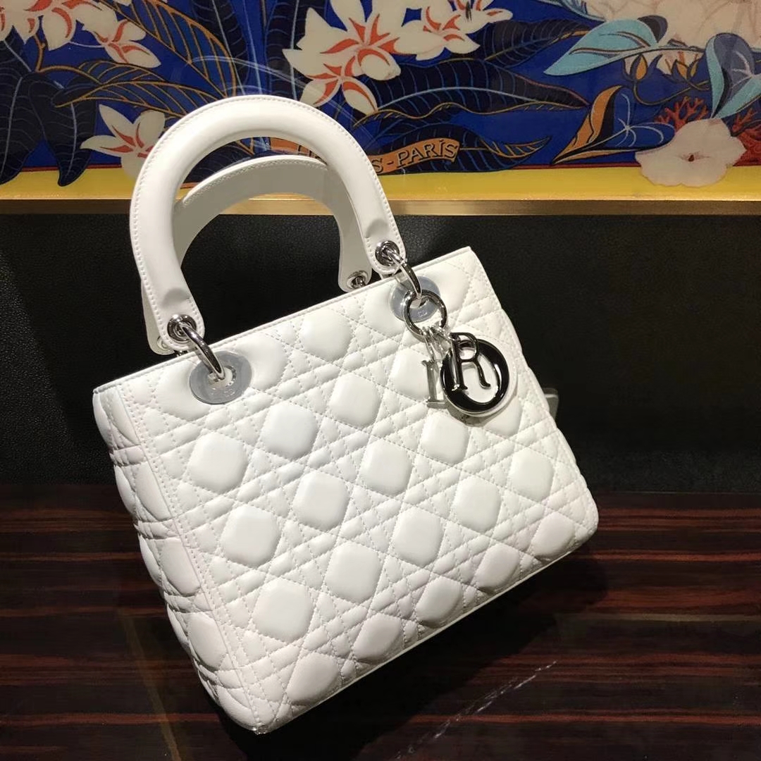 Dior 迪奥 经典羊皮 戴妃包 Lady Dior 五格24cm 纯白色