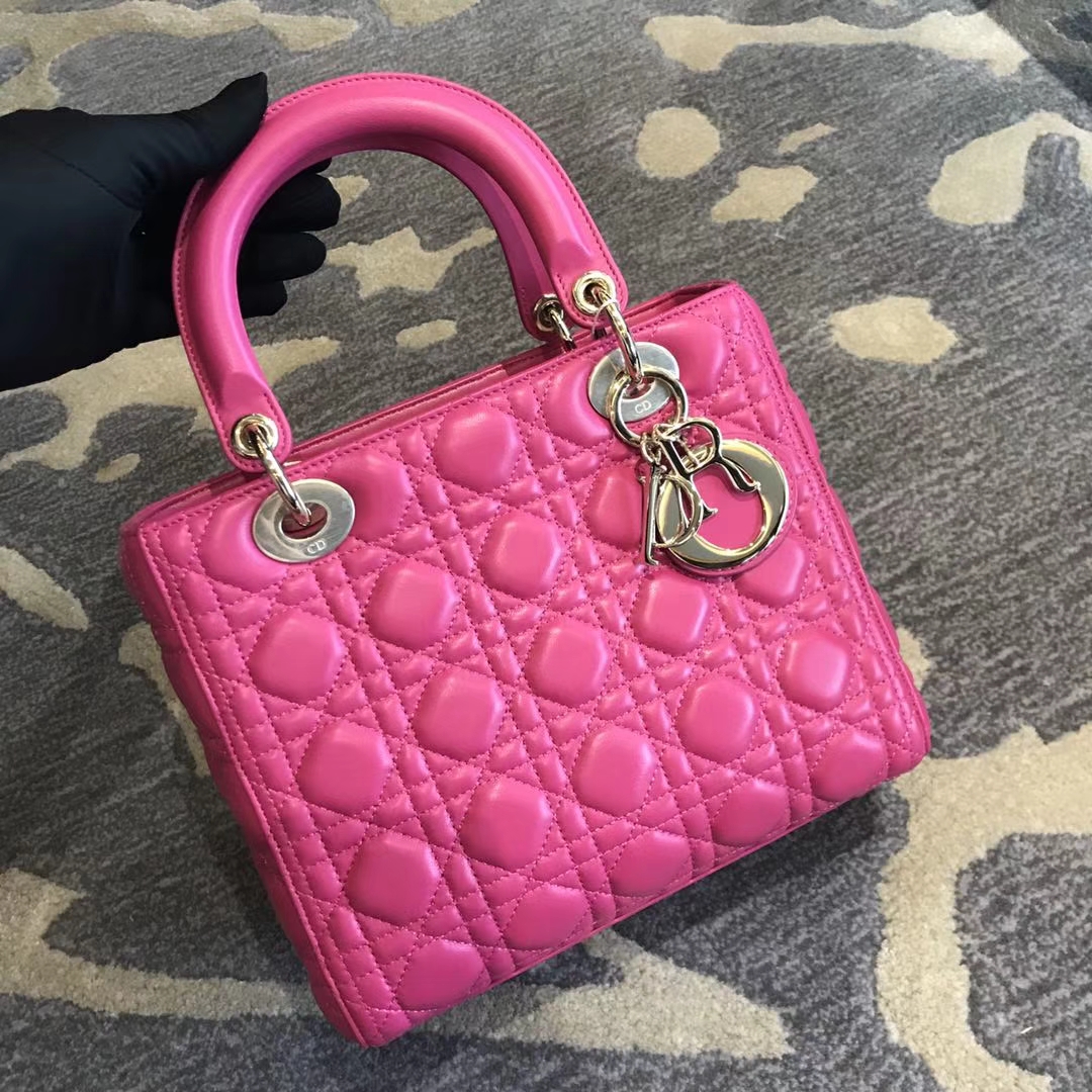 Dior 迪奥 经典羊皮 戴妃包 Lady Dior 五格24cm 桃红色 玫红