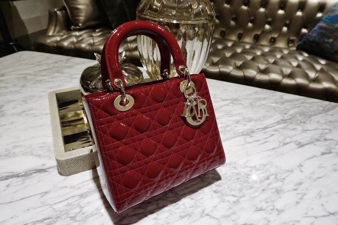 Dior 迪奥 经典牛皮 戴妃包 Lady Dior 五格24cm 深红