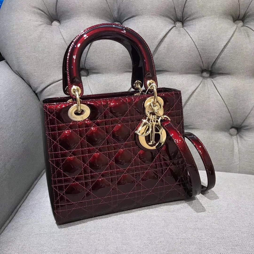 Dior 迪奥 经典牛皮 戴妃包 Lady Dior 五格24cm 波尔多酒红