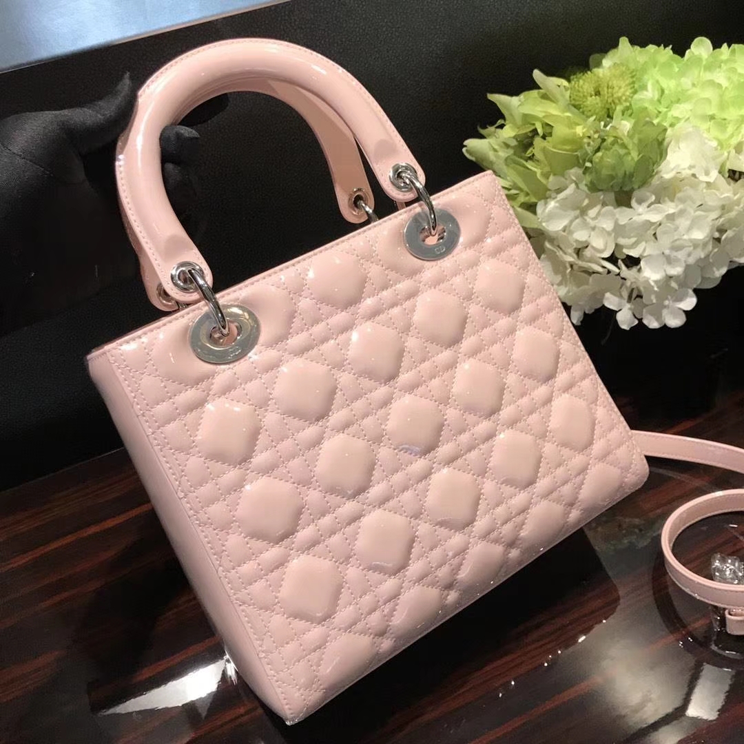 Dior 迪奥 经典牛皮 戴妃包 Lady Dior 五格24cm 粉色