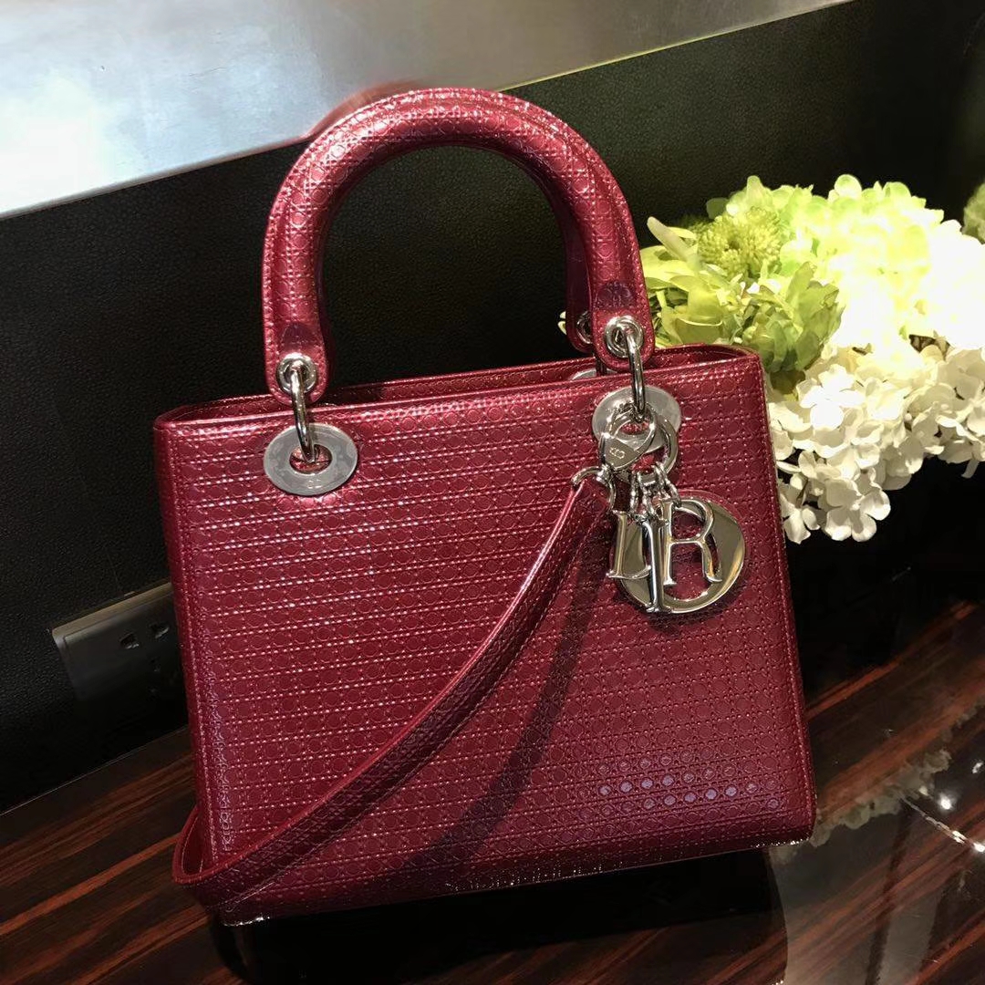 经典Dior 迪奥 戴妃包 Lady Dior 五格漆皮戴妃 酒红