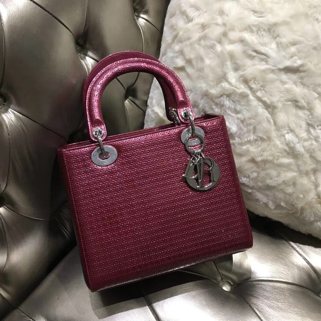 经典Dior 迪奥 戴妃包 Lady Dior 五格漆皮戴妃 酒红