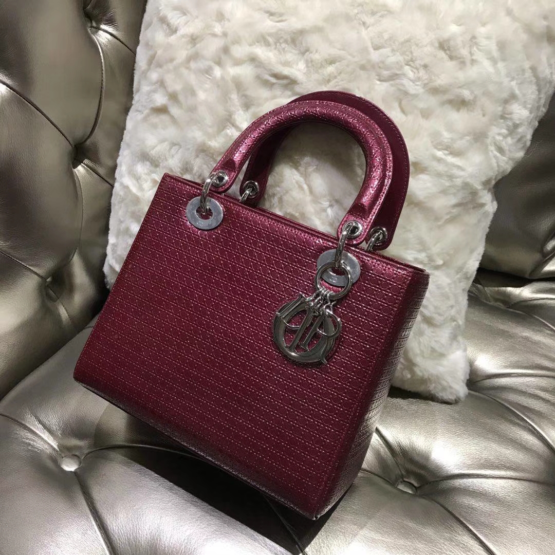 经典Dior 迪奥 戴妃包 Lady Dior 五格漆皮戴妃 酒红