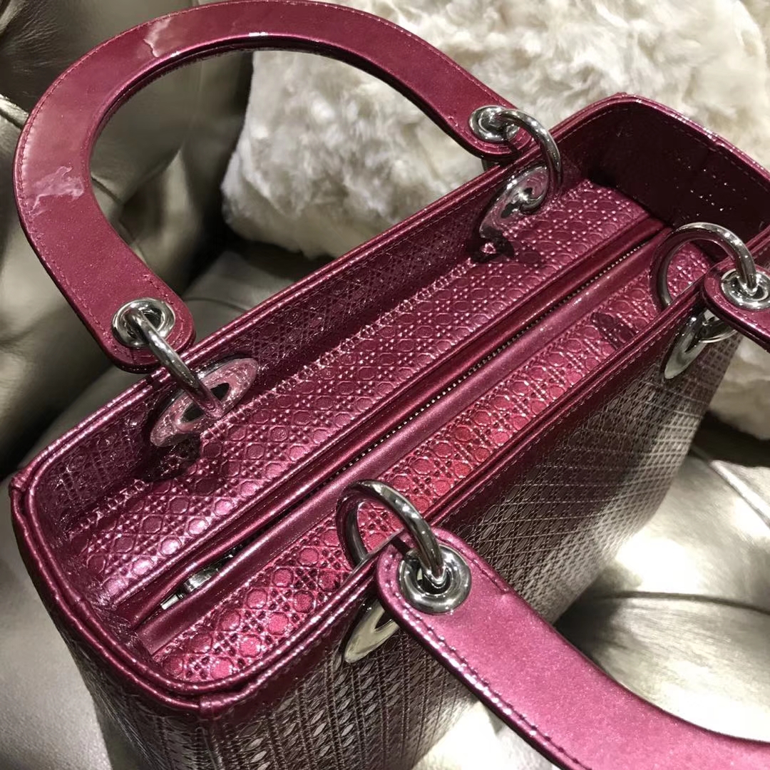 经典Dior 迪奥 戴妃包 Lady Dior 五格漆皮戴妃 酒红