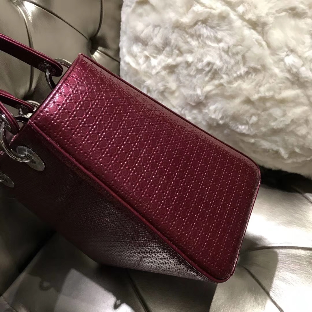 经典Dior 迪奥 戴妃包 Lady Dior 五格漆皮戴妃 酒红