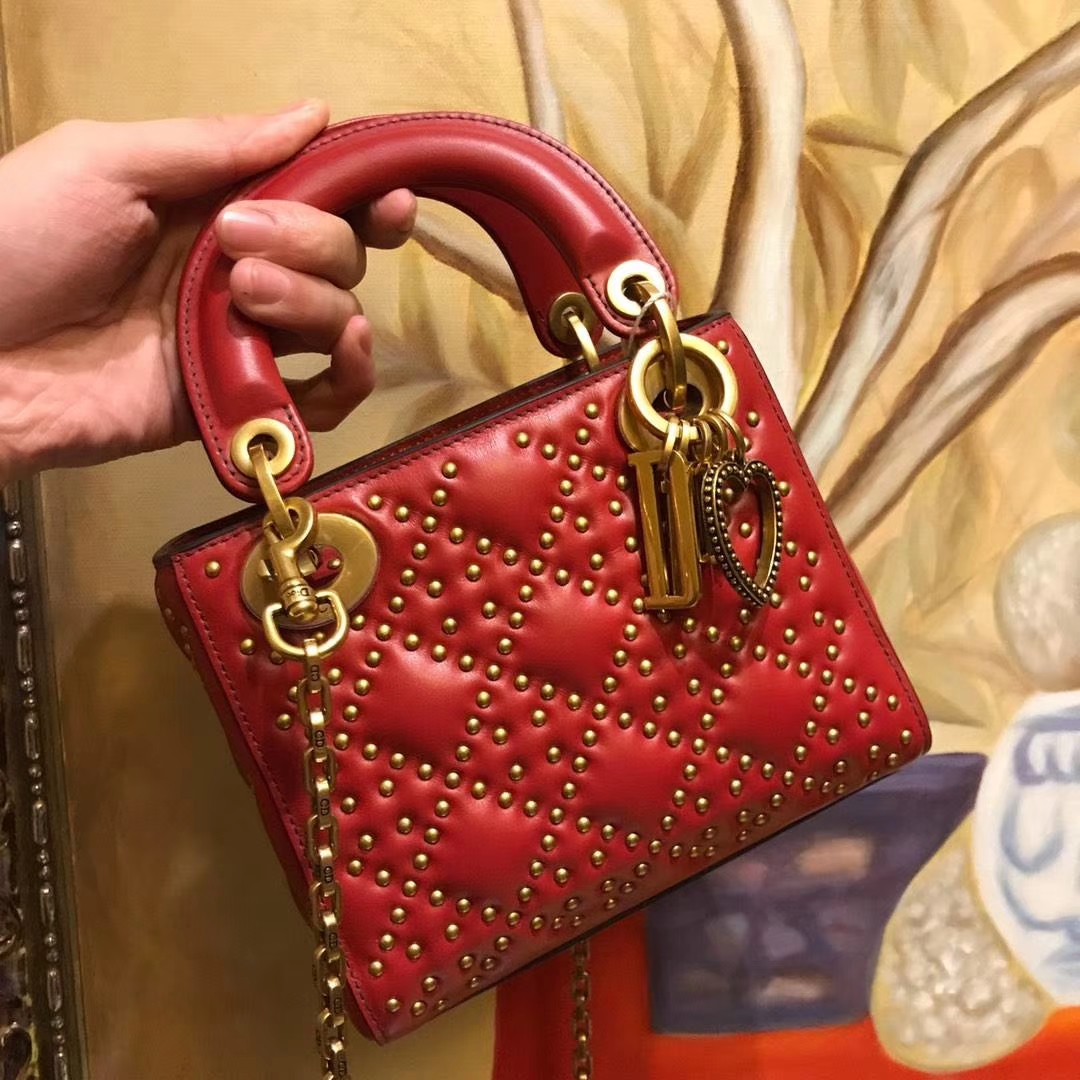 Dior 迪奥 定制版小号17cm铆钉包 戴妃包 Lady Dior mini 红色 爱心扣