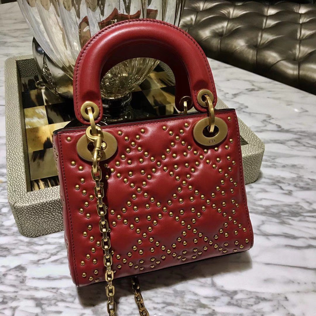 Dior 迪奥 定制版小号17cm铆钉包 戴妃包 Lady Dior mini 红色 爱心扣