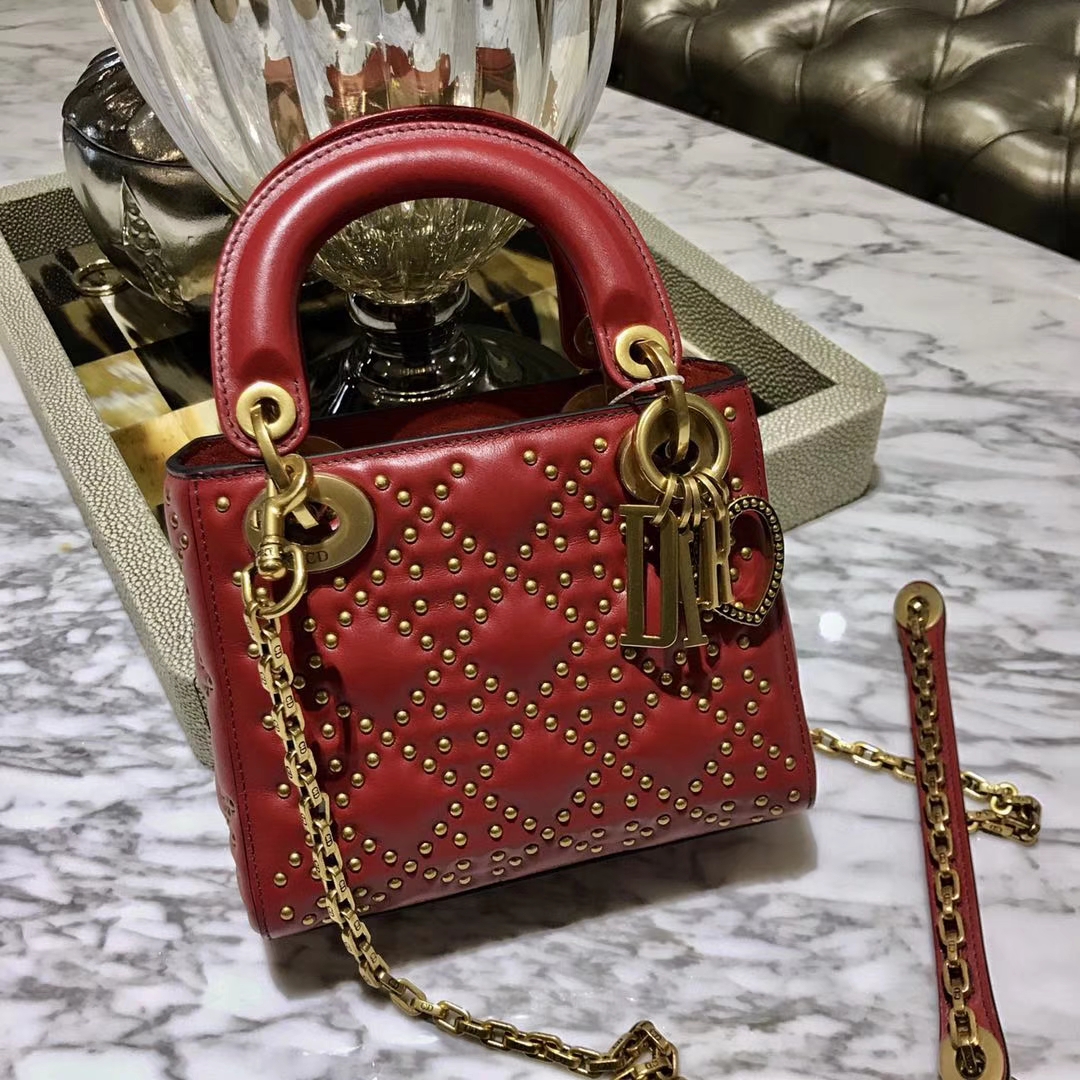Dior 迪奥 定制版小号17cm铆钉包 戴妃包 Lady Dior mini 红色 爱心扣