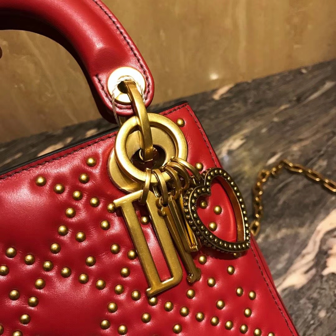 Dior 迪奥 定制版小号17cm铆钉包 戴妃包 Lady Dior mini 红色 爱心扣