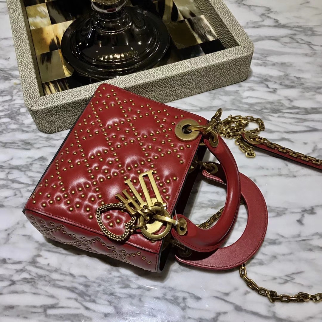 Dior 迪奥 定制版小号17cm铆钉包 戴妃包 Lady Dior mini 红色 爱心扣