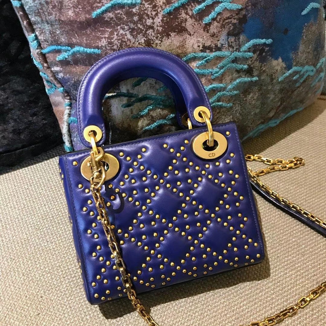 Dior 迪奥 定制版小号17cm铆钉包 戴妃包 Lady Dior mini 蓝色
