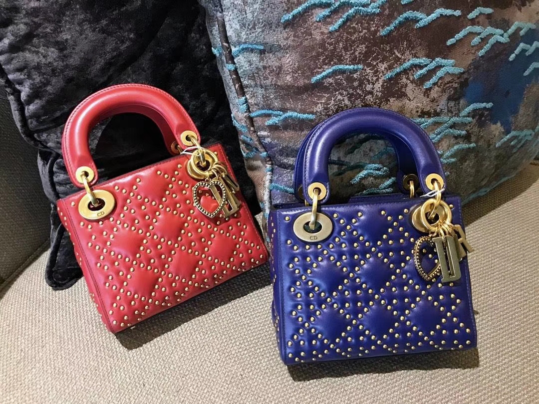 Dior 迪奥 定制版小号17cm铆钉包 戴妃包 Lady Dior mini 蓝色