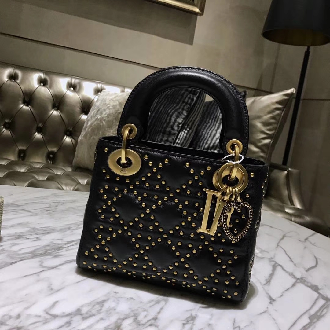 Dior 迪奥 定制版小号17cm铆钉包 戴妃包 Lady Dior mini 黑色