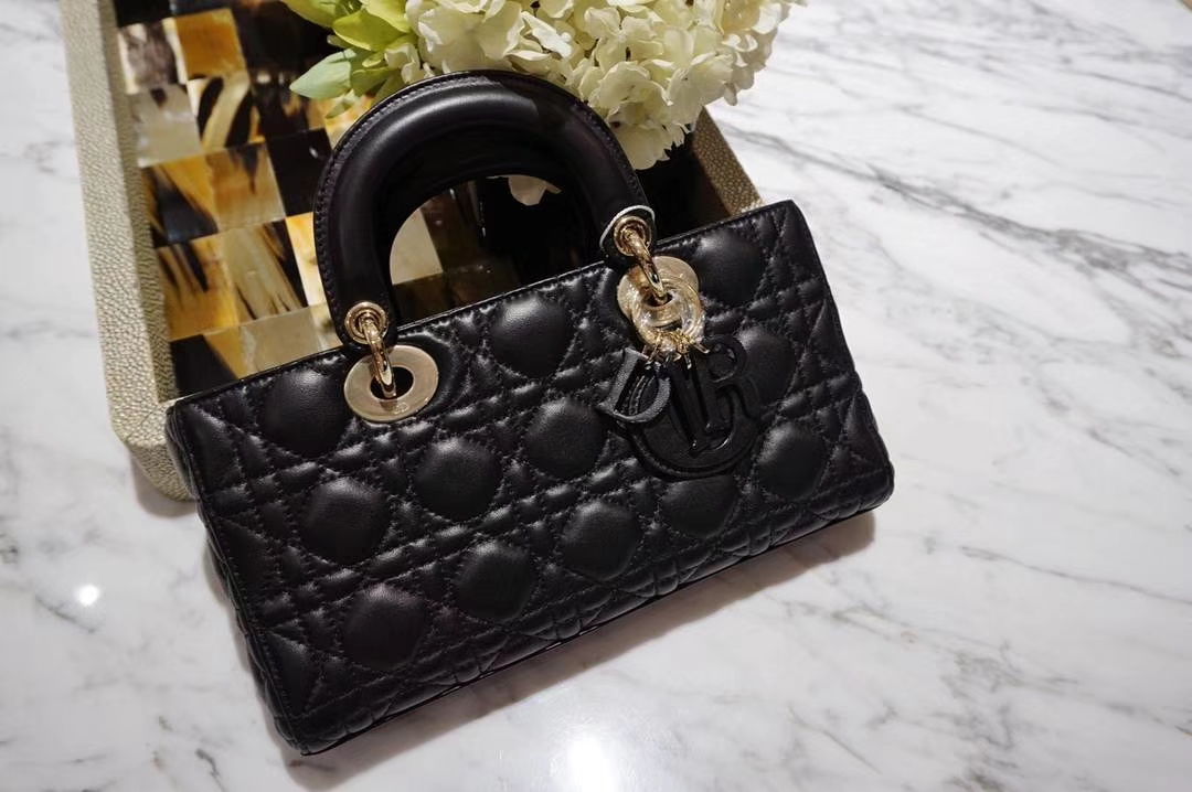 Dior 黑色羊皮手提包 金扣 意大利原厂水染小羊皮制作  原厂尾料皮