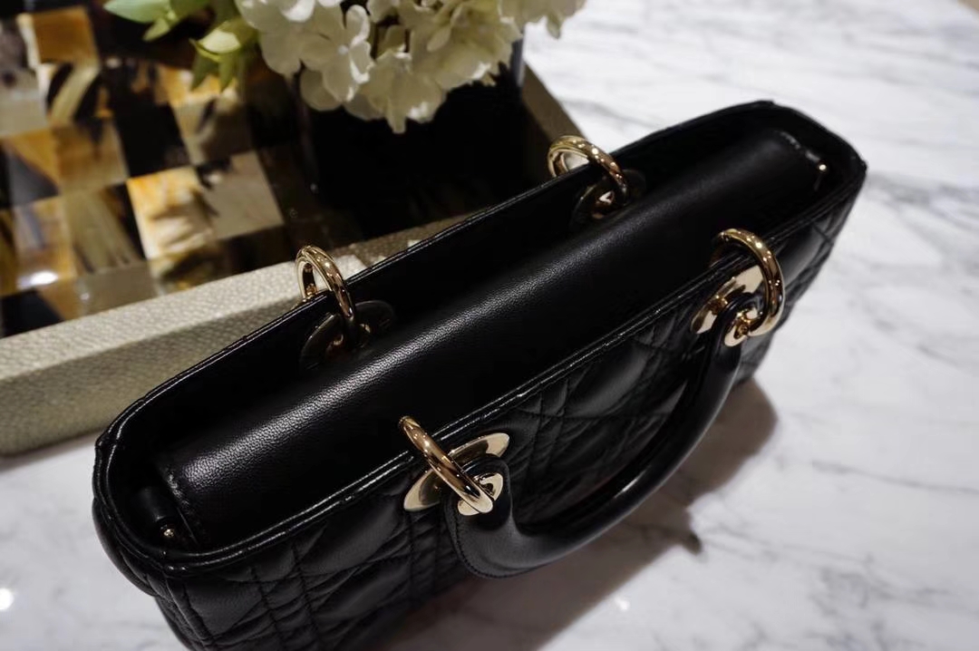 Dior 黑色羊皮手提包 金扣 意大利原厂水染小羊皮制作  原厂尾料皮