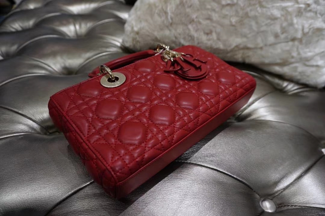 Dior 红色羊皮手提包 金扣 意大利原厂水染小羊皮制作  原厂尾料皮