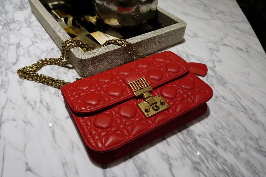 Dior 迪奥 Miss 红色羊皮 链条包 21cm  意大利原厂正品水染小羊皮制作