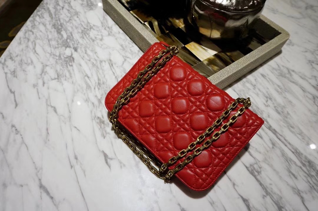Dior 迪奥 Miss 红色羊皮 链条包 21cm  意大利原厂正品水染小羊皮制作