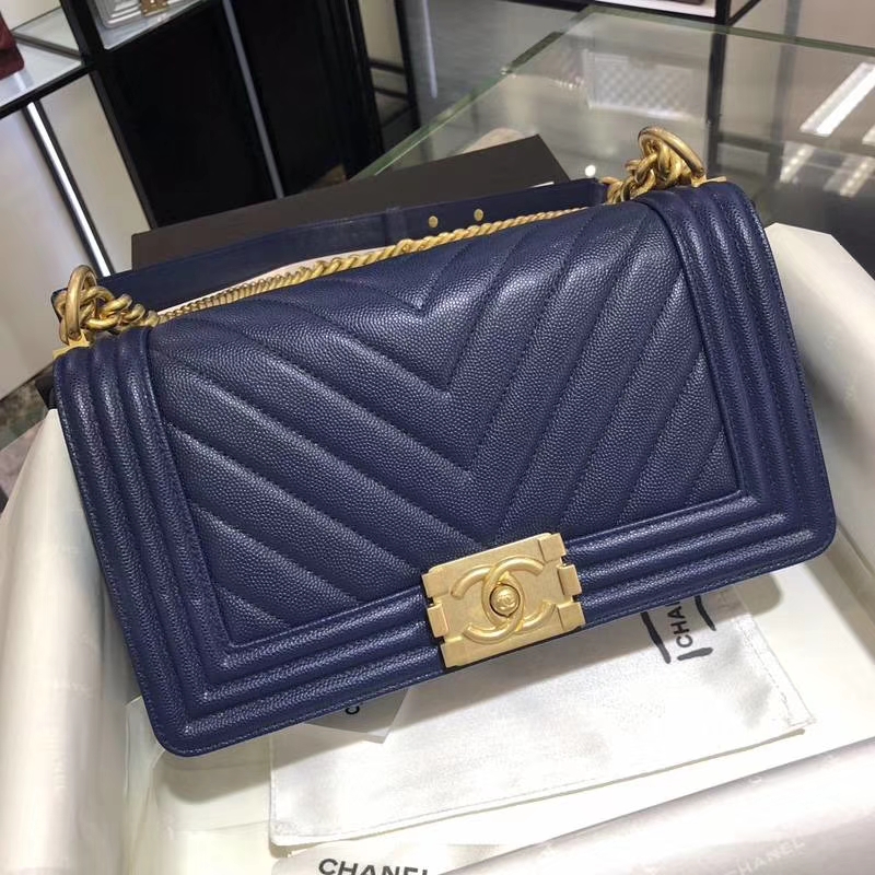 Chanel 香奈儿 Leboy Bag 大V 小鱼子酱 海军蓝 25cm 磨砂五金