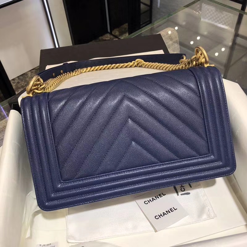 Chanel 香奈儿 Leboy Bag 大V 小鱼子酱 海军蓝 25cm 磨砂五金