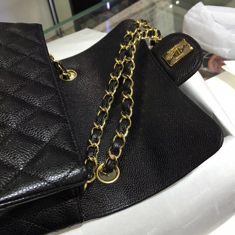 Chanel 香奈儿 Classic Flap 鱼子酱【黑色】车边  20cm 金（现货）