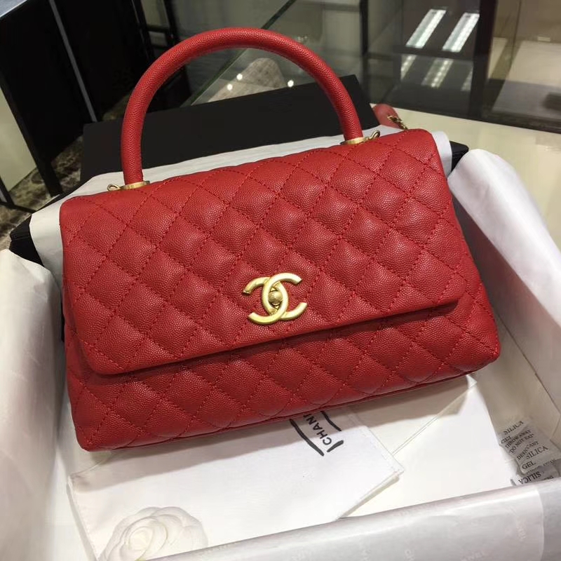 Chanel 香奈儿 COCO Handle 红色牛皮 复古银链 28cm