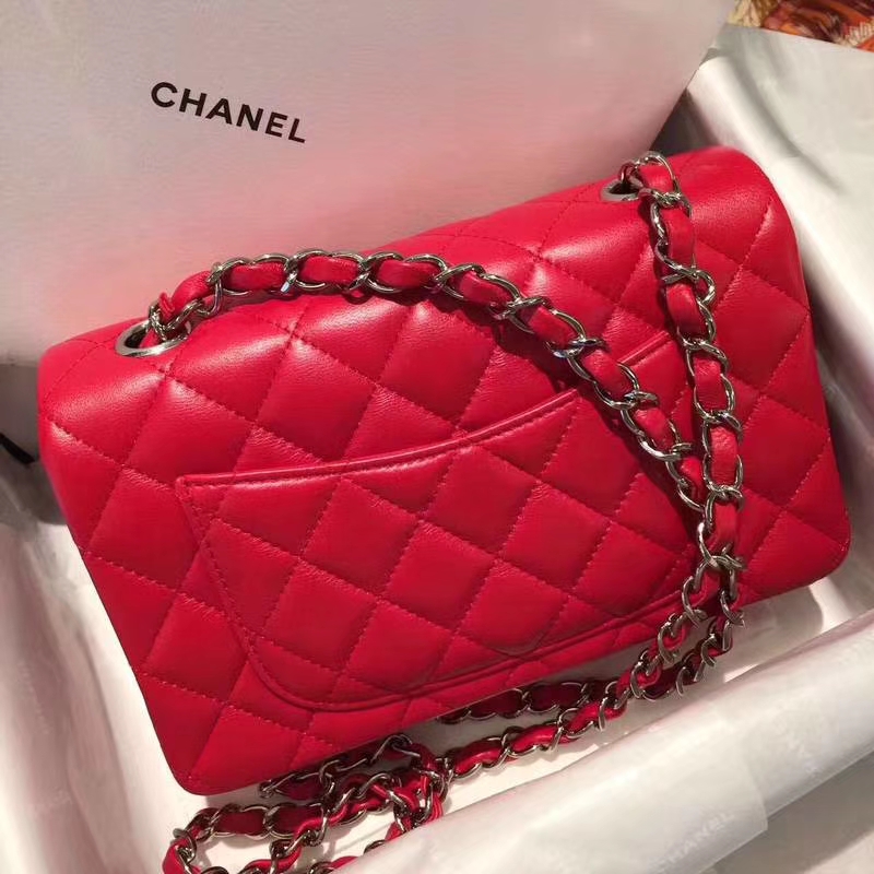 Chanel 香奈儿 CF 经典系列 小羊皮 大红色 20cm 银扣 现货