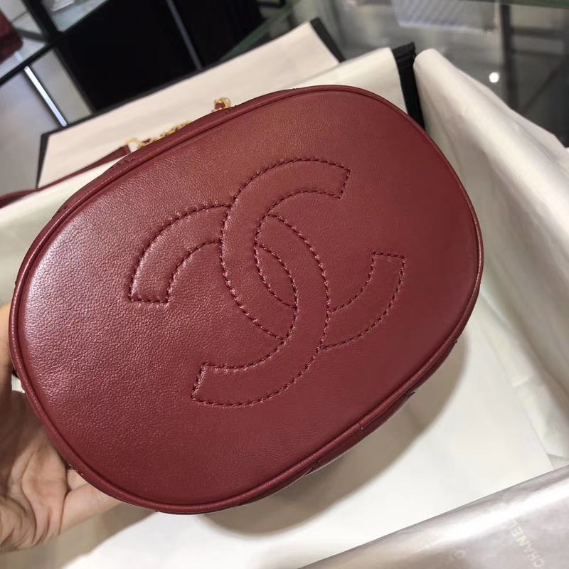 Chanel 18巴黎汉堡系列新款 Bucket Bag 酒红色 金属手柄 水桶包 意大利小羊皮