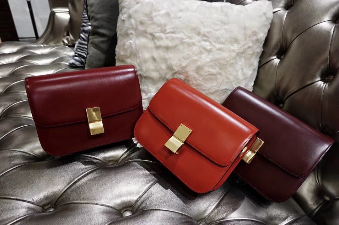 Celine 思琳 最新版本 box豆腐包 24cm 实拍 专柜同步 最新做法 优雅时尚 酒红色 橘红色 金扣