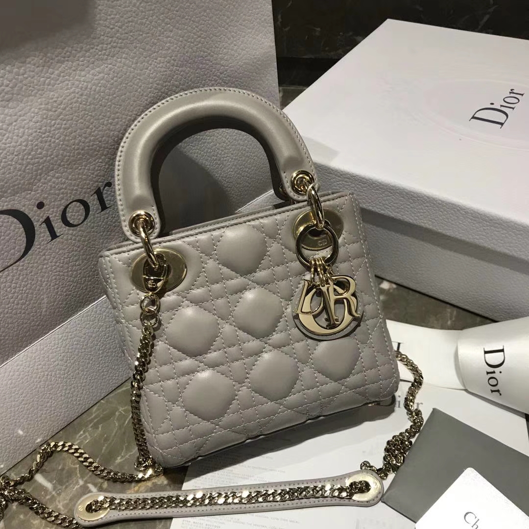 Dior 迪奥 小号 羊皮 灰色 金扣 三格戴妃包