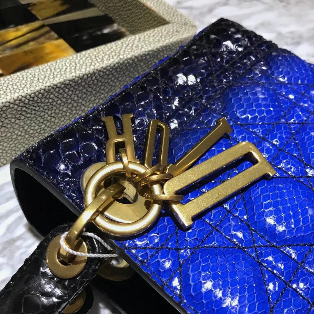 Dior 迪奥 印尼进口蛇皮 整张蟒蛇皮制作 美美的蓝色渐变色 四格翻盖戴妃包