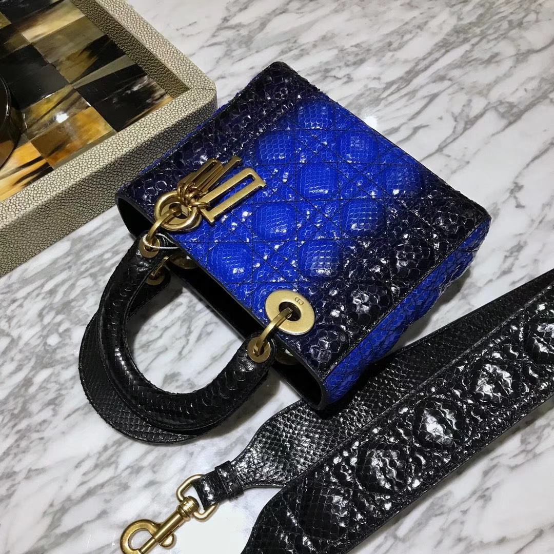 Dior 迪奥 印尼进口蛇皮 整张蟒蛇皮制作 美美的蓝色渐变色 四格翻盖戴妃包