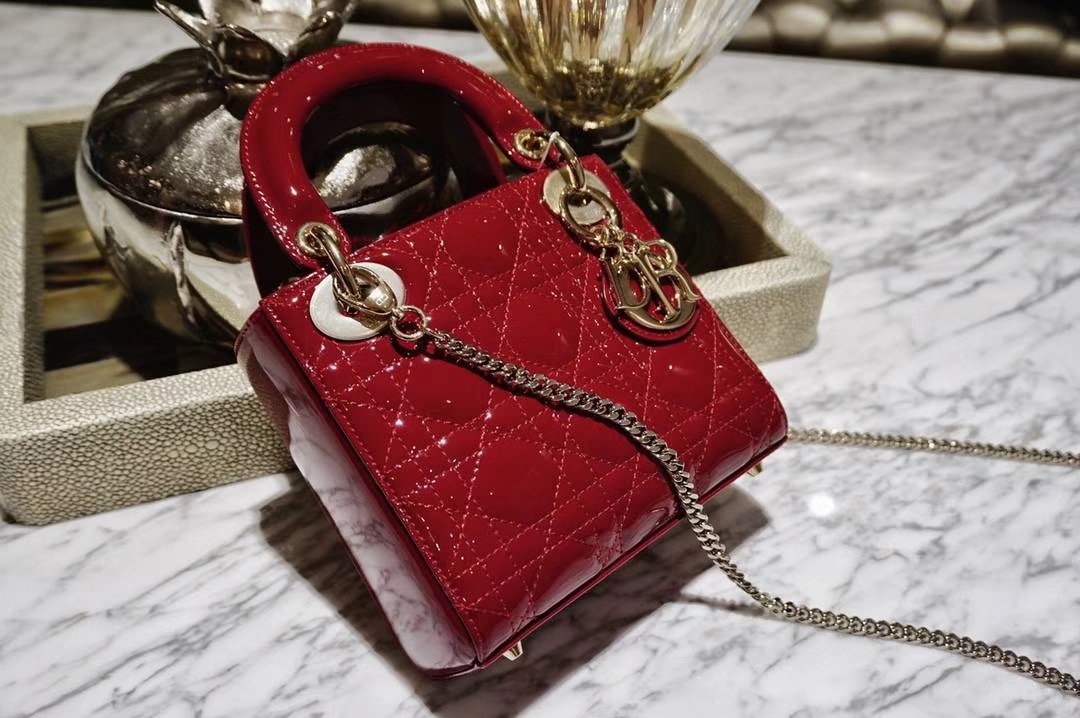 Dior 迪奥 酒红色 mini 戴妃包 金扣 漆皮