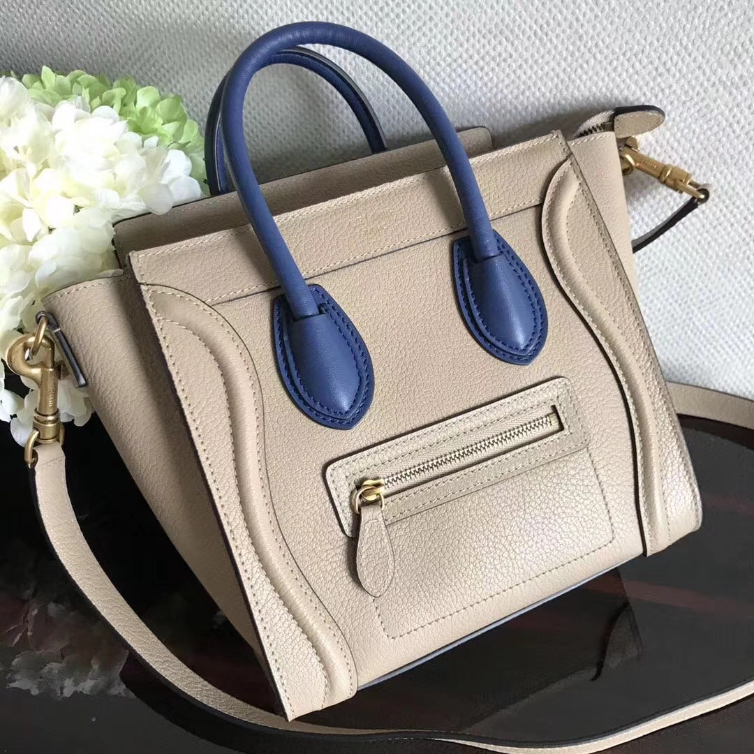 Celine 笑脸包 20cm/26cm 市场最高版本 支持验货 浅杏色 拼 玛瑙蓝 进口原厂皮