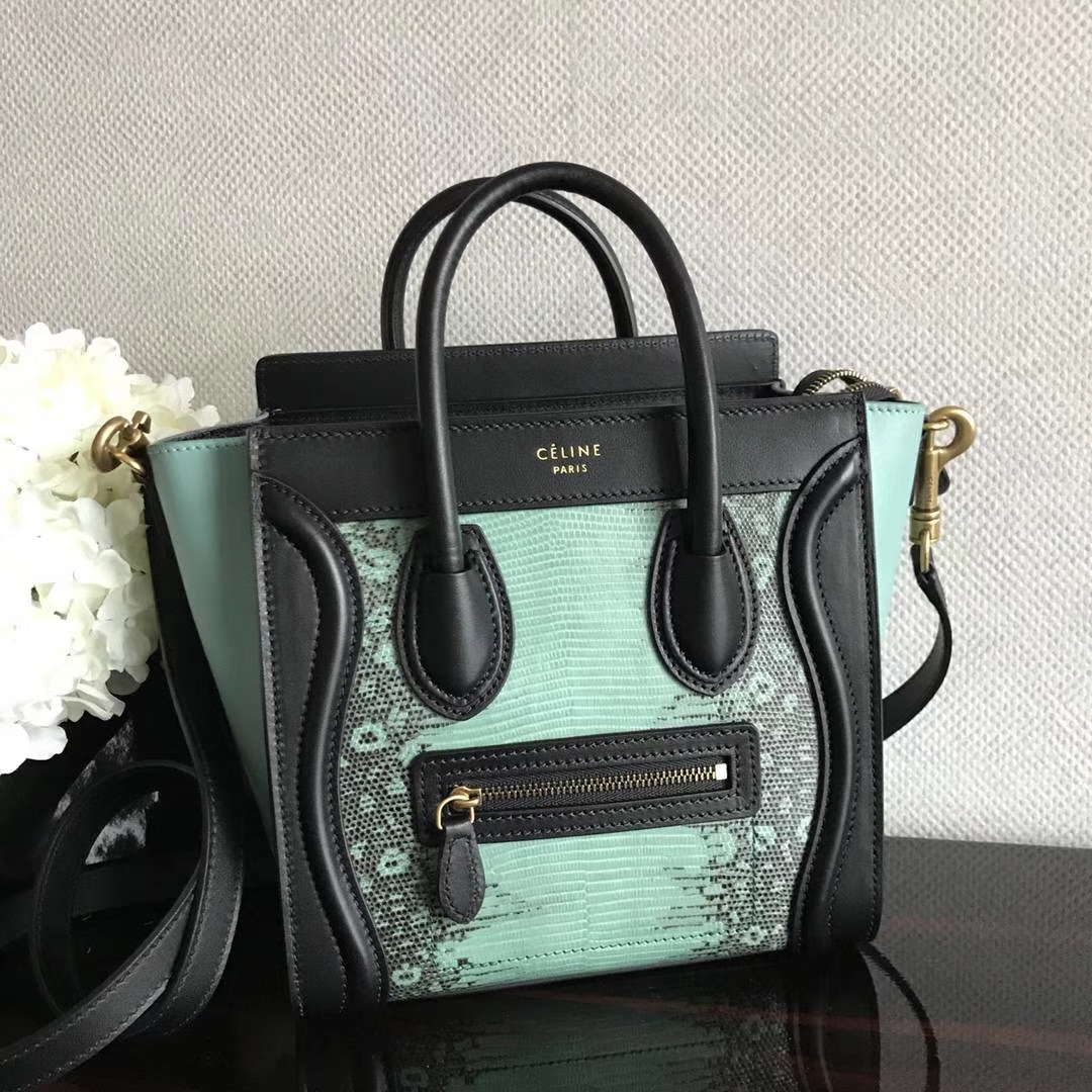 Celine 笑脸包 20cm/26cm 市场最高版本 支持验货 薄荷绿拼黑色 蜥蜴皮拼原厂牛皮 