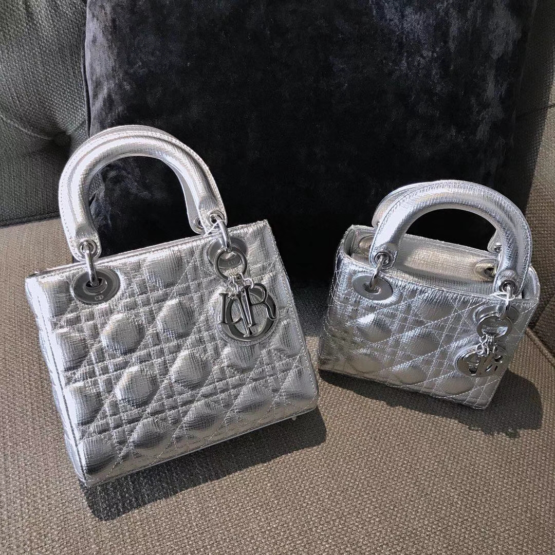 Dior 迪奥 mini 戴妃包 三格 金属银 大小号 代购品质   
