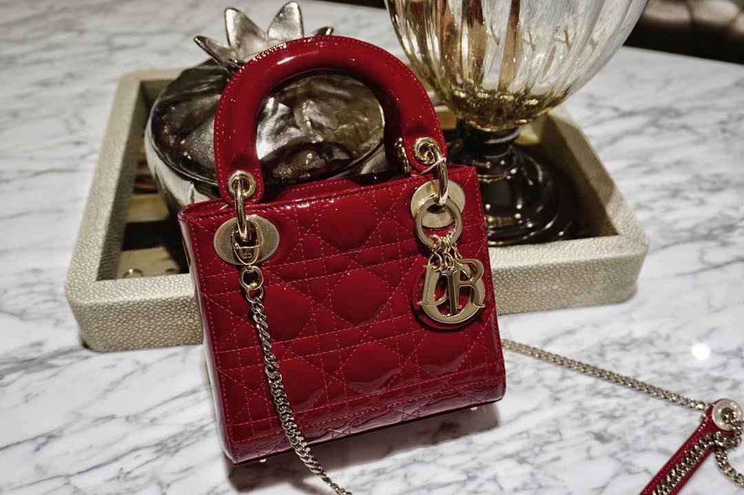 Dior 迪奥 mini 漆皮酒红色 戴妃包 三格 