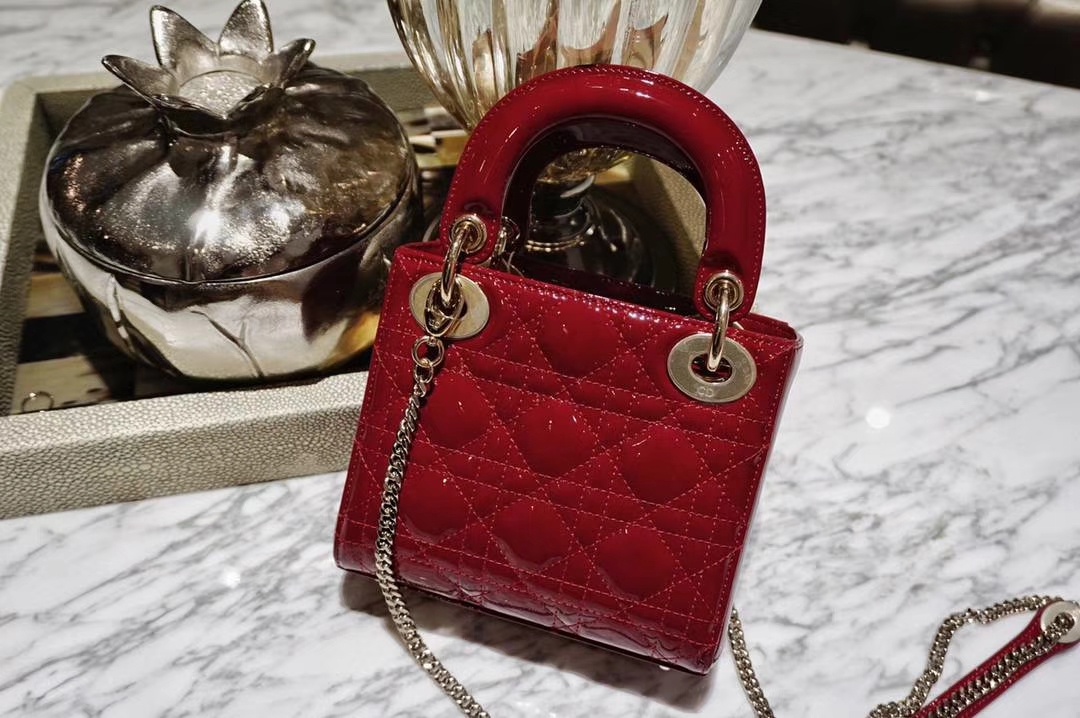 Dior 迪奥 mini 漆皮酒红色 戴妃包 三格 