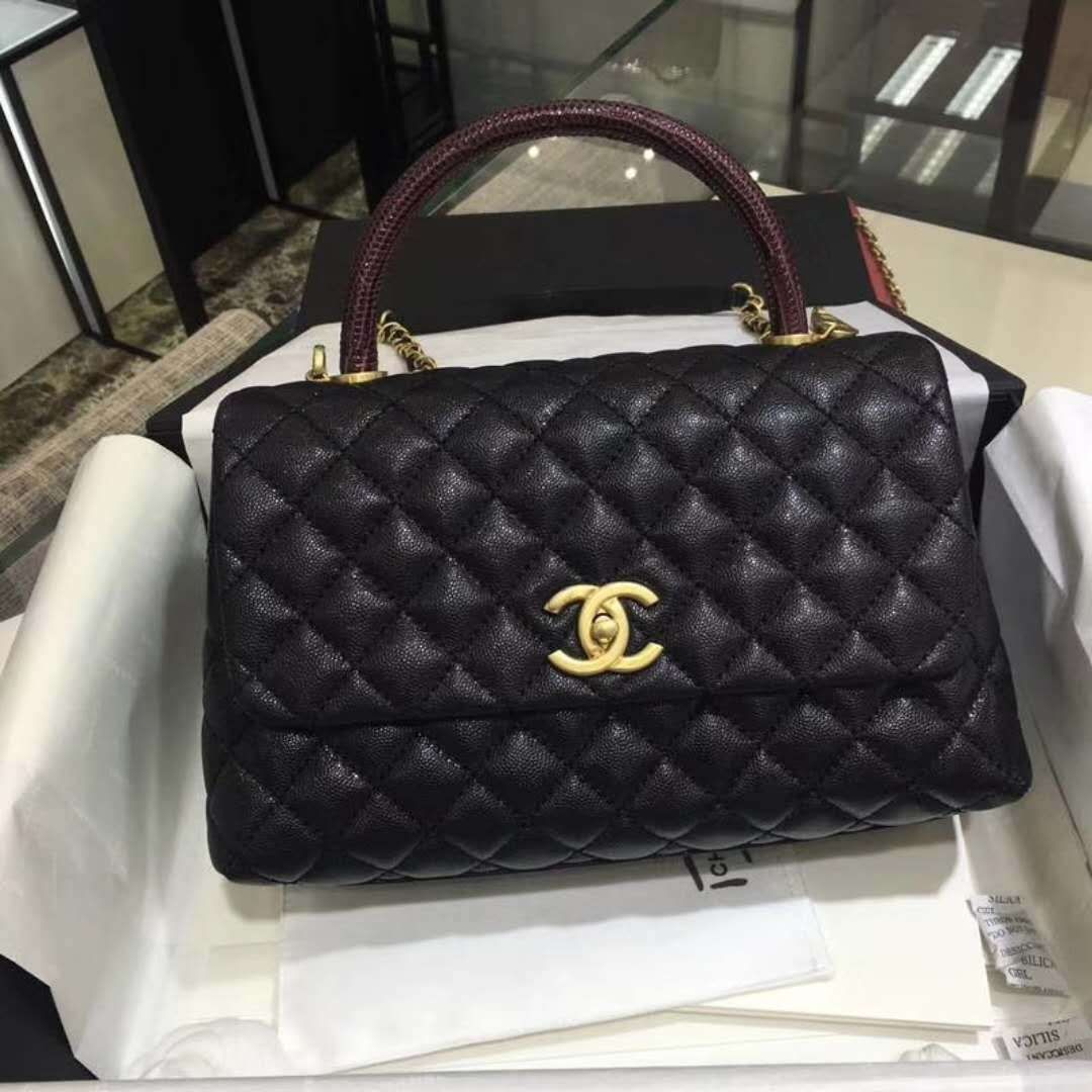 Chanel 香奈儿 COCO Handle 黑色牛皮 复古金链 28cm