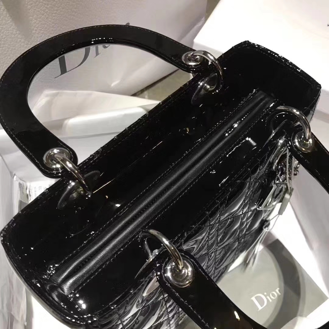 Dior 迪奥 戴妃包 Lady Dior 戴妃5格 银扣 进口漆皮 经典黑  