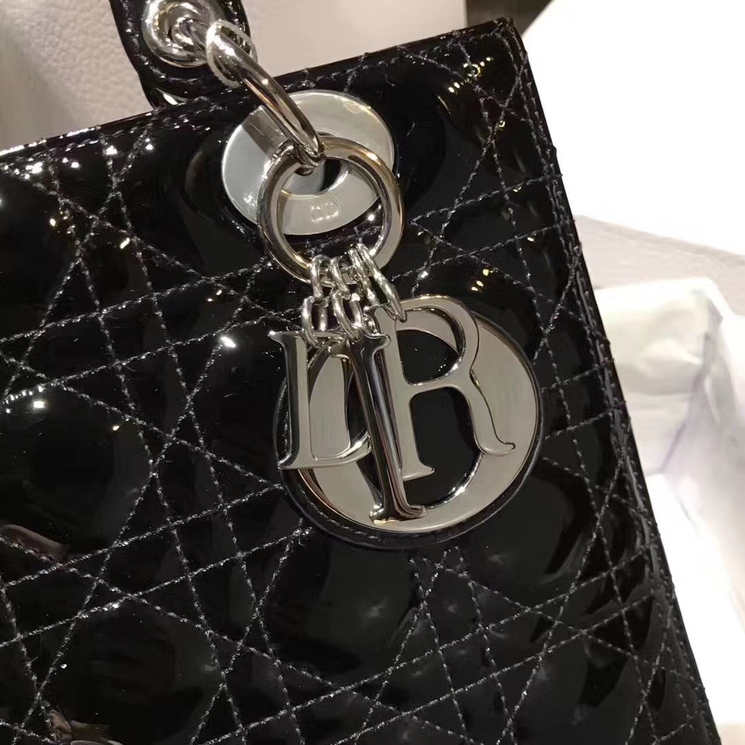 Dior 迪奥 戴妃包 Lady Dior 戴妃5格 银扣 进口漆皮 经典黑  