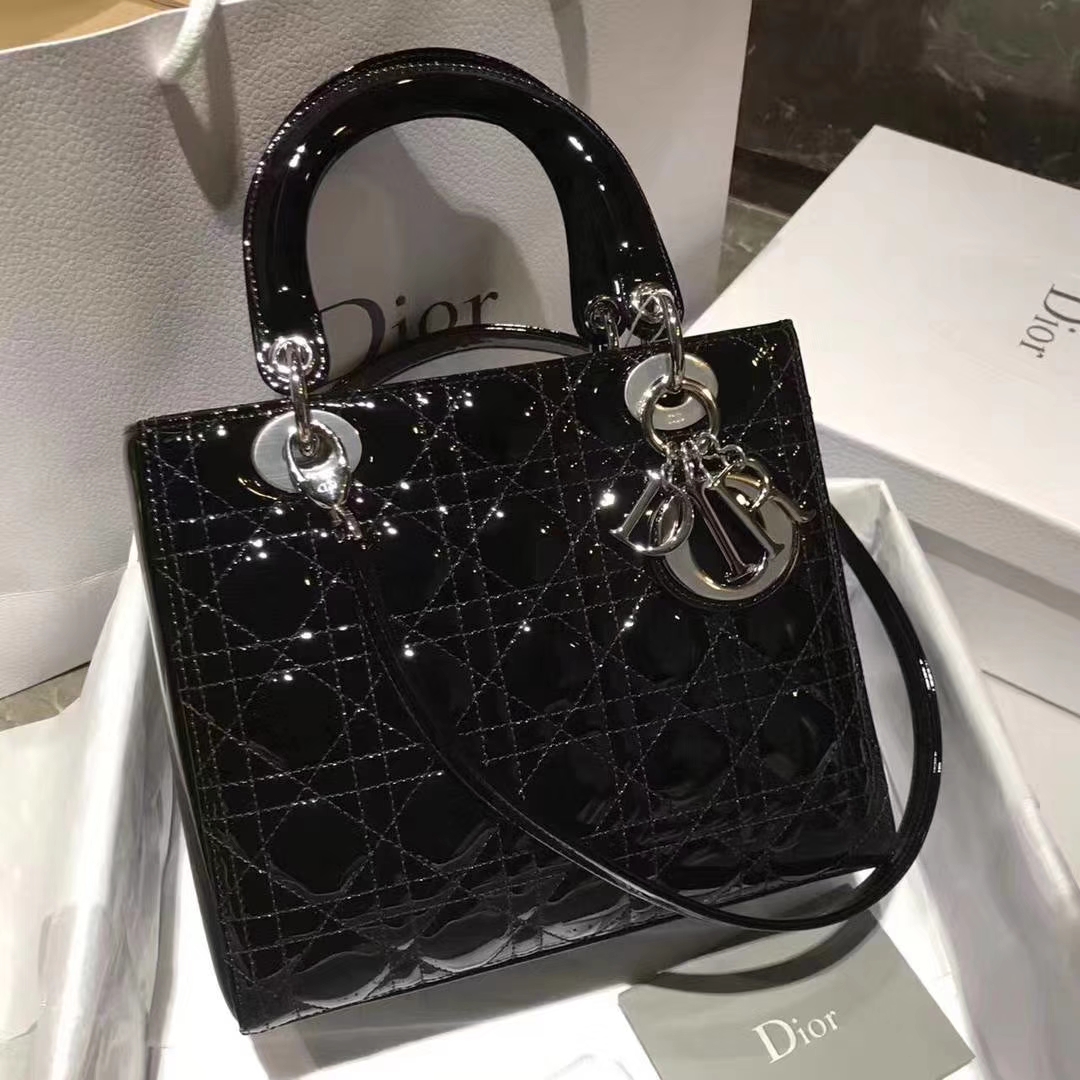 Dior 迪奥 戴妃包 Lady Dior 戴妃5格 银扣 进口漆皮 经典黑  