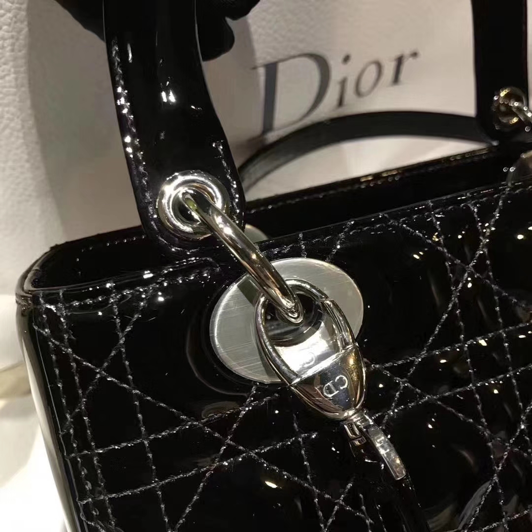 Dior 迪奥 戴妃包 Lady Dior 戴妃5格 银扣 进口漆皮 经典黑  