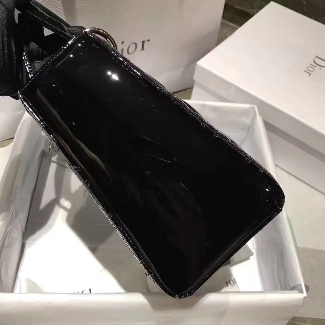 Dior 迪奥 戴妃包 Lady Dior 戴妃5格 银扣 进口漆皮 经典黑  