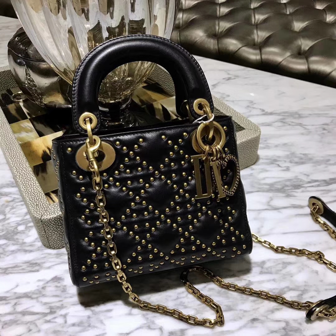 Dior 迪奥 三格 17cm 黑色 复古风牛皮铆钉包