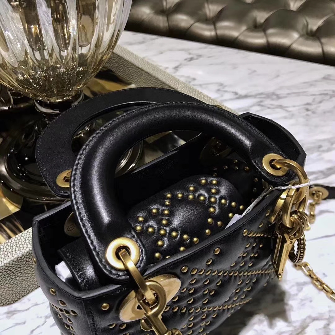 Dior 迪奥 三格 17cm 黑色 复古风牛皮铆钉包