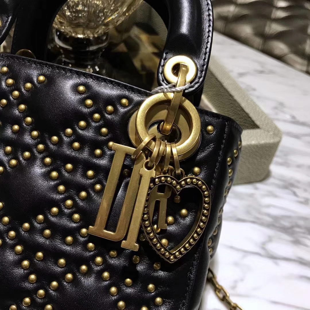 Dior 迪奥 三格 17cm 黑色 复古风牛皮铆钉包