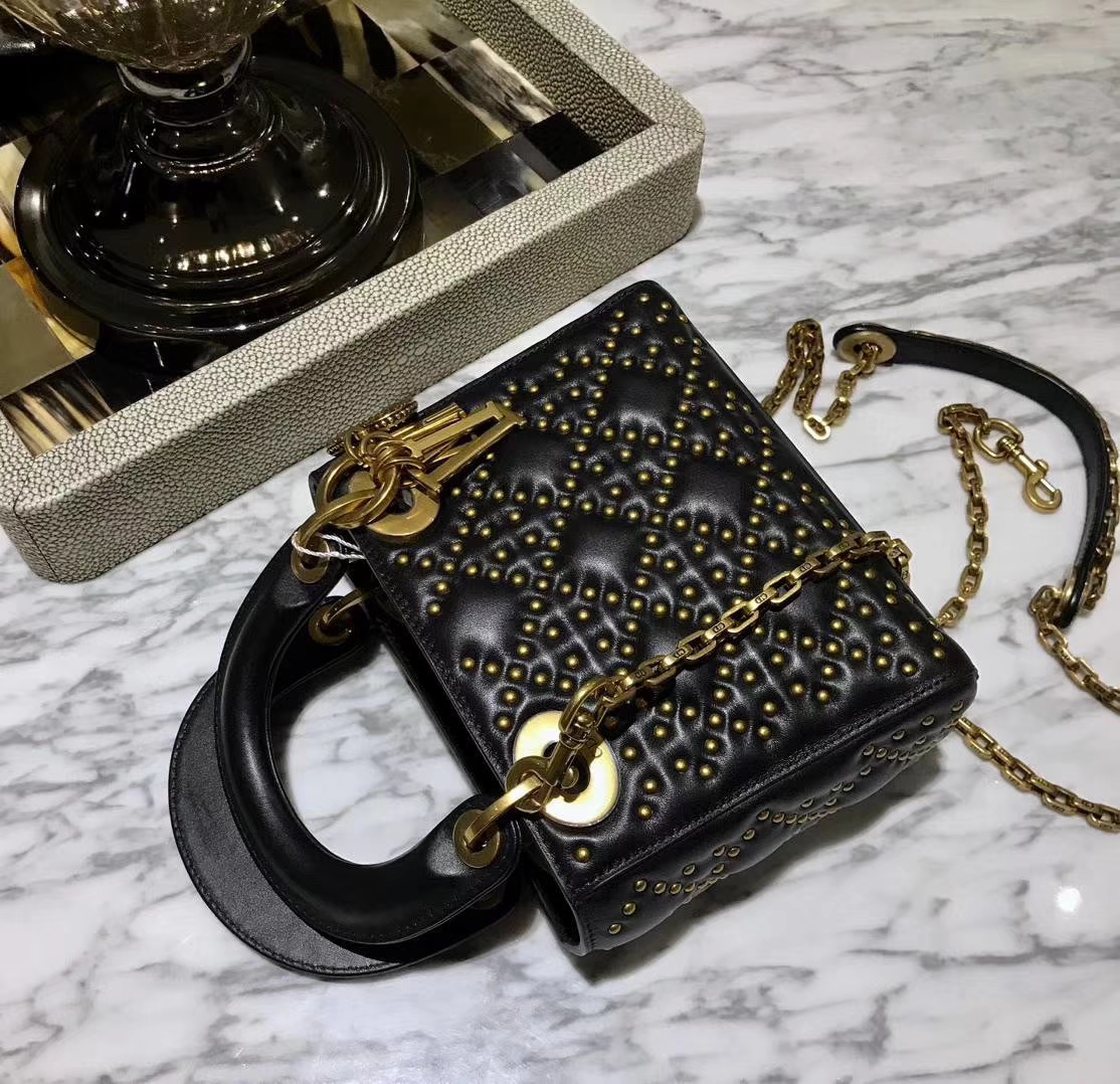 Dior 迪奥 三格 17cm 黑色 复古风牛皮铆钉包