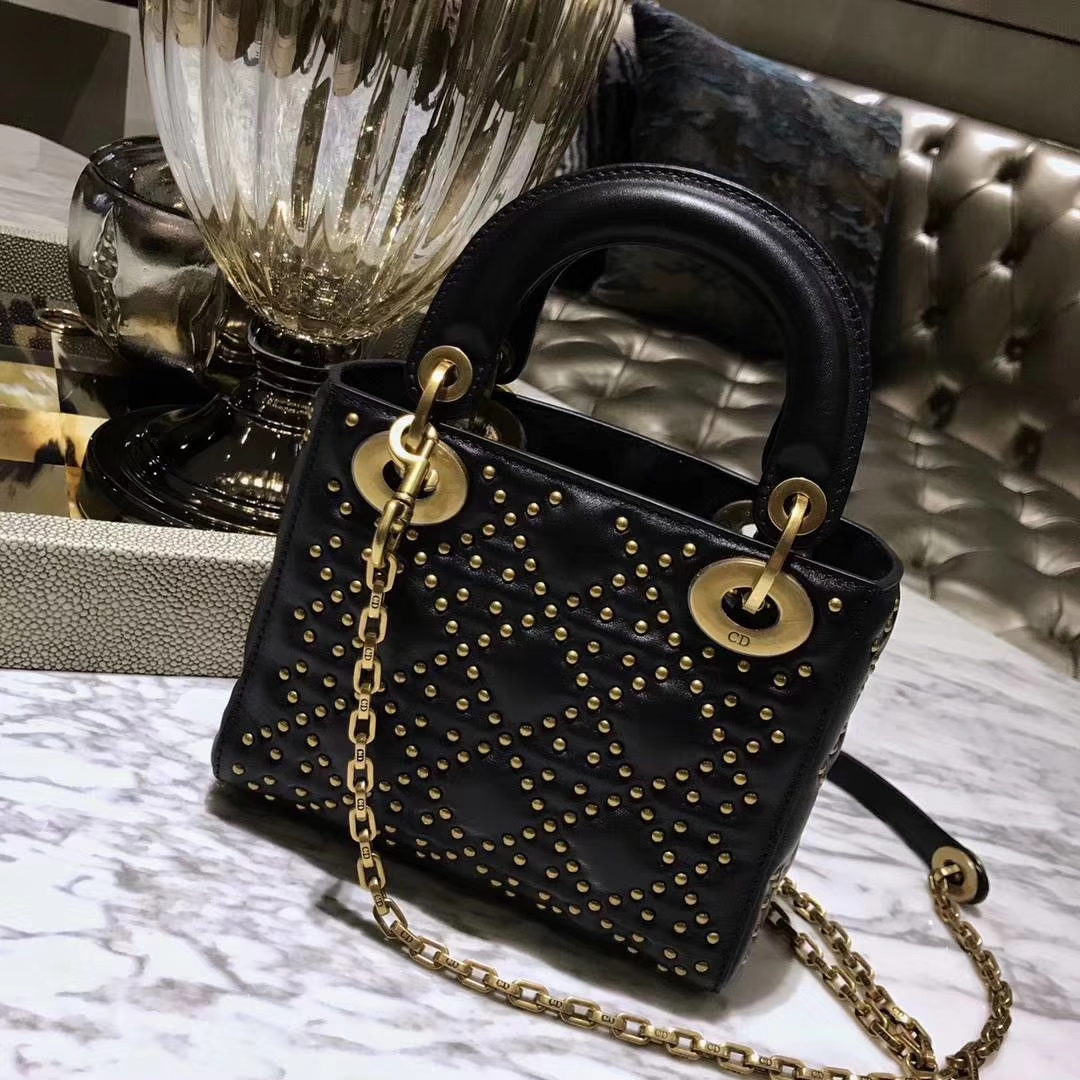 Dior 迪奥 三格 17cm 黑色 复古风牛皮铆钉包